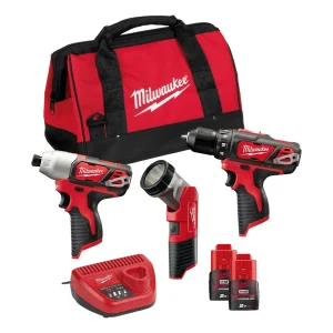 Milwaukee M12 BPP3A-202B 12V Li-Ion masina de gaurit/surubelnita fara fir (M12 BDD) si surubelnita cu impact (M12 BID) si lampa pentru baterie de lucru (C12 T) set combinat (2x baterie de 2,0 Ah) in geanta